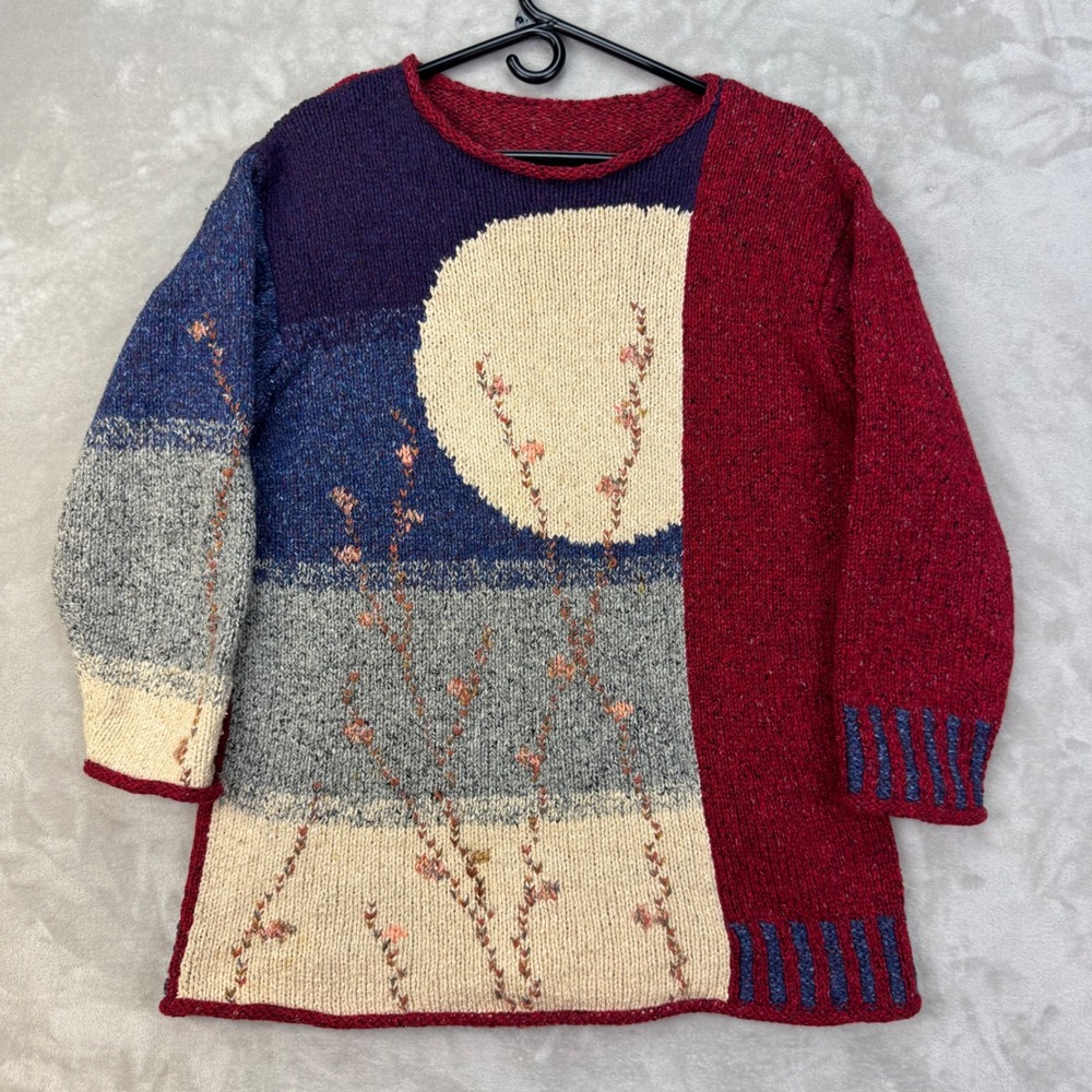 Vintage Handknit Pullover Sweater Womens L/XL Artsy Botanical Chunky BoHo